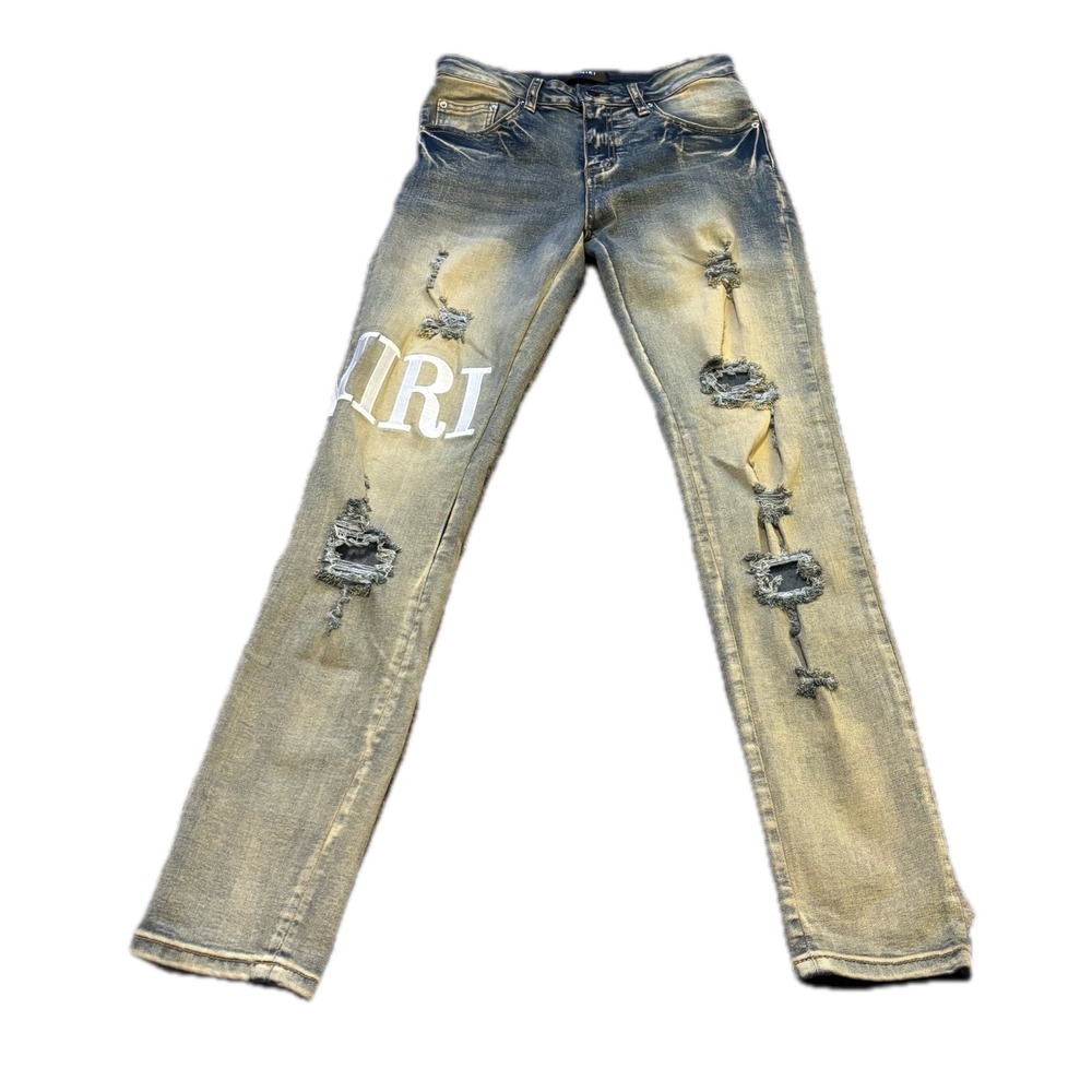 Amiri Distressed Logo Denim Jeans Blue Yellow Wash Slim Fit Mens 30x32